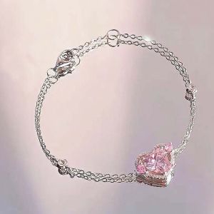 JWER Fashion Y2K Pink Crystal Heart Chain Bracelet For Women Girls Exquisite Shiny Zircon Adjustable Charm Bracelet Party Jewelry