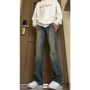 Washed American Style Mens Jeans Retro Cleanfit Micro Flared Straight Leg Slimming Long Trousers Casual Wear Youth Fashion