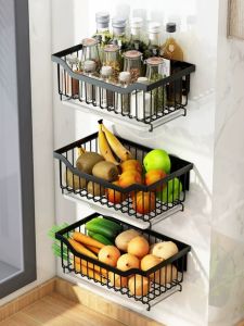 Modern Minimalist 304 Stainless Steel Wall-Mounted Fruit Vegetable Basket Dishware Storage Rack with Draining Board Detachable