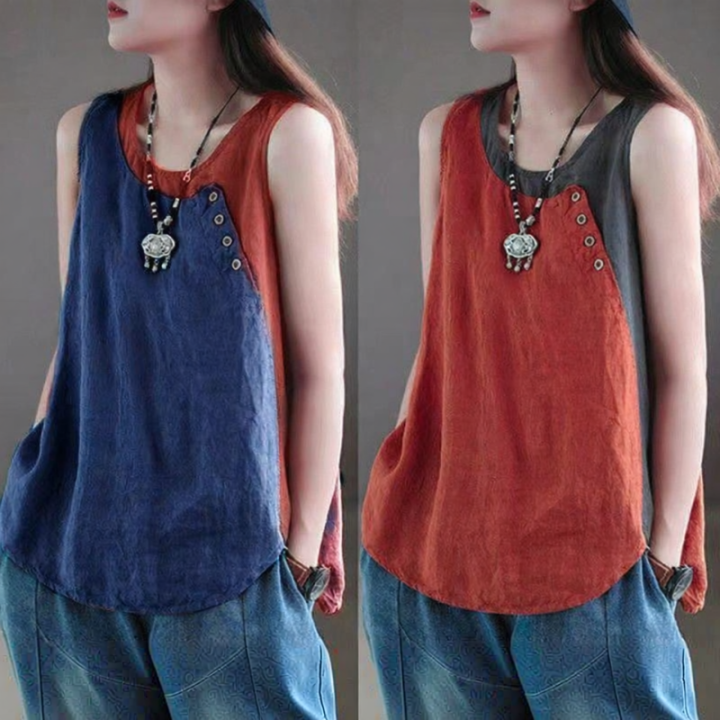 Lieoyuarn | Summer Lightweight Asymmetric Button Decorated Casual Loose Patchwork Sleeveless Top