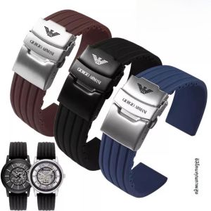 สายนาฬิกา Armani สายยางซิลิโคนนุ่มเกินไปสำหรับ Black Samurai AR1970 1981 1828 60028 อุปกรณ์เสริมนาฬิกาหนังแท้สีดำ