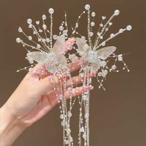Princess Baby Feather Hair Clip Girls Butterfly Tassel Double Pronged Diamond Rhinestone Headwear Childrens Fashion Accessories