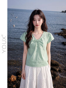 YOUXIANG | Áo Thun Doll Qinxiaofu Xanh Đá Vai Tròn Tay Ngắn Ôm Form