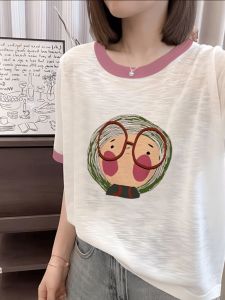 Fashionable Bamboo Cotton Short Sleeve T-Shirt Korean Style Cartoon Print Womens Summer Casual Slimming Top round Neck