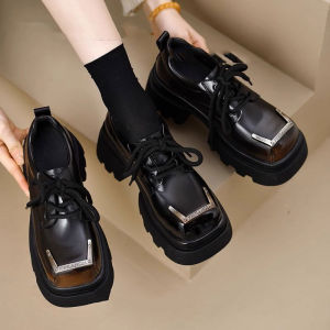 Womens Thick Bottom Genuine Leather Loafers Spring Autumn 2025 New Square Head Chunky Heel Derby Shoes British Style Small Leather Shoes