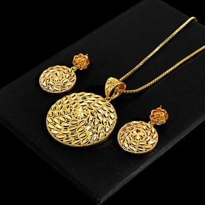 SEQUITO Temperament Bridesmaid Yellow Gold Plated Jewelry Set Floral Drop Earrings Big Round Pendant Necklace Banquet Clothing Accessories SJ424