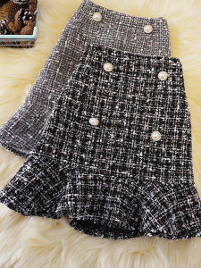 Thời Trang Sành Điệu Cao Vòng Eo Dáng Chữ A Mini Váy Với Viền Bèo Viền Trong Len Vải Cho Nữ Nút Đa Năng Đuôi Cá Váy Cho Mùa Thu Mùa Đông