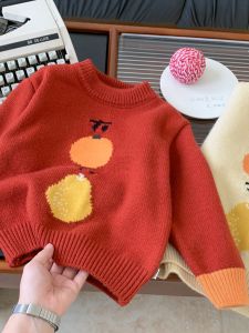 เสื้อสเวตเตอร์ถักสีแดงสำหรับเด็กผู้หญิง ฤดูใบไม้ผลิและฤดูใบไม้ร่วง เสื้อสเวตเตอร์ถักคอตตอนสำหรับเด็ก เสื้อแฟชั่นฤดูใบไม้ร่วง