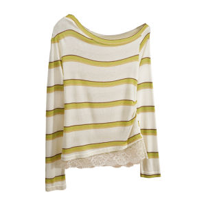 Off-Shoulder Striped Slimming Lace T-shirt
