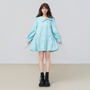 KEIKO | Playful Rejuvenating Dopamine Wearing Lake Blue Dress Bell Sleeves Flared Mini