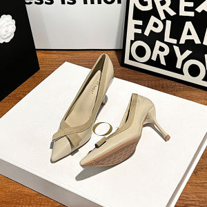 สีนู้ด รองเท้าส้นสูงสี ผู้หญิง ส้นบาง 2024 ใหม่ เซ็กซี่ สิทธิบัตร หนัง หัวแหลม หลากหลาย รองเท้าแฟชั่นแบบสวมใส่สบาย