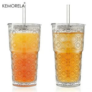 600ML Begonia Flower Glass Tumbler 1/2PCS Thickened Glass Cups with Lids and Glass Straws for Iced Coffee Smoothies Milk Water