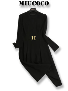 Elegant Ladylike Splice Long Sleeve Waist-Cinching Dress High Waist A-Line Silhouette Zipper Closure Slim Fit Midi Dress