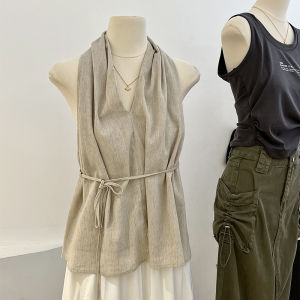 Elegant Summer Design Womens Hollow Neck Tank Top Hong Kong Style Lightweight Open Back Shirt for Outerwear