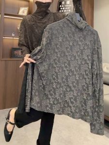 Autumn New Loose Versatile High Collar Lace Base Shirt Women Elegant Long Sleeve See through Top Inner Wear Overhead Small Shirt