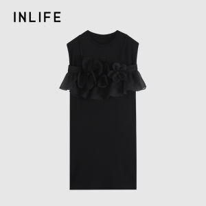 INLIFE | Sweet Round Neck Sleeveless Floral Embroidery Straight Black Dress