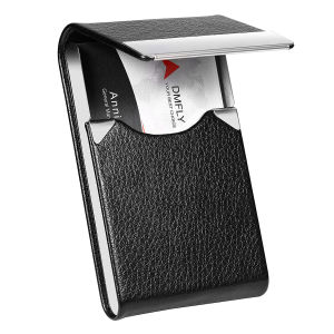 Stainless Steel Business Card Holder PU Leather Office Name Card Case Slim Metal Pocket Credit Card Box for Men and Women