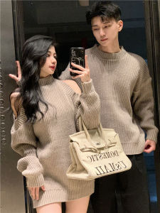 Couples Matching Shoulder-Bared Knitted Sweater Dress Mens Overhead round Neck High-Quality Warm Winter Outerwear Top