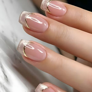 Medium long fake nails for women gilrs gradient nude brown with golden strips butterfly design full cover press on false nail