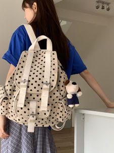 Large Capacity Canvas Shoulder Bag for Women Spring Summer 2025 Polka Dot Trendy Casual Versatile Backpack Commuter Style No Back Cushion