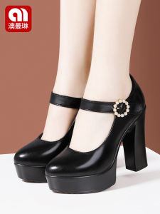 Aumanlin Flag Dress Show Shoes Comfortable High Heel Thick Bottom Waterproof Platform Genuine Leather Soft Bottom Single Shoes Women