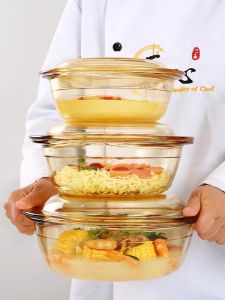 Large Size Glass Bowl with Lid for Home Use Heat Resistant Noodle Bowl Transparent Salad Bowl Steamed Egg Soup Bowl Double Earled