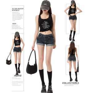 MZVZ | American Retro Low Waist Blue-gray Skinny Denim Shorts