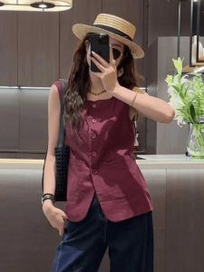 Fashionable Retro Simple Square Collar Sleeveless T-Shirt Womens Summer New Style Single Button Slimming Top Polyester Fiber
