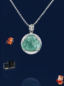 TH | Natural Blue Jade Maitreya Buddha Necklace Silver Gift