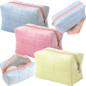Large Plush Cosmetic Bag / Soft Plush Makeup Pouch for Travel / Solid Color Zipper Toiletry Bags / School Supplies Stationery Bag
