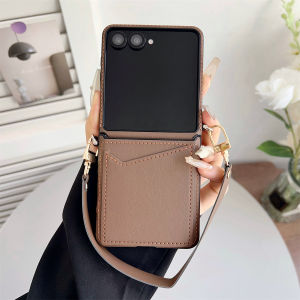 szhaiyu | Leather Wallet Phone Case Samsung Z Flip 7 6 5 4 5G Card Slot Bag Cover for Galaxy Z Flip7FE Flip6 Wrist Strap Chain Soft Cover