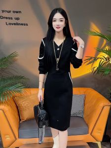 Elegant Long Sleeve V-Neck Slimming Black Dress Womens Autumn Winter Fashion Sequin Patchwork Waist-Cinching Commute Style