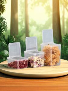 กล่องเก็บของใสสีโปร่ง กล่องเก็บเครื่องปรุงรสในครัวขนาดใหญ่ ฝาปิดแบบหมุนได้ ชั้นวางของสูง สำหรับเก็บเครื่องปรุงรสและของกินที่ต้องแช่แข็ง