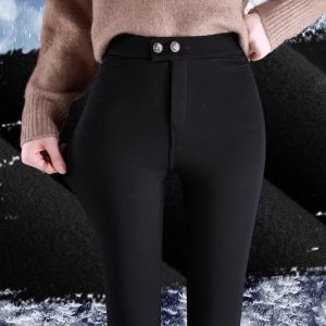 กางเกงยีนส์ทรงสลิมฟิตผ้าขนแกะสำหรับผู้หญิง กางเกงขายาวเอวสูง ผ้าฝ้ายผสมโพลีเอสเตอร์ ทรงหลวม สีดำ