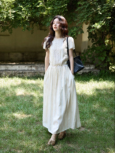 seemon | Unique Belt Waist Drawn Hollow Lace Long Dress