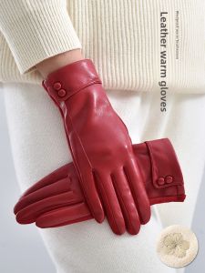 CAIENGE | Red Leather Warmth-Resistant Touch-Screen Gloves