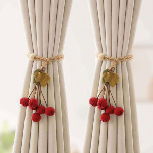 2pcs Handmade Red Fabric Berry Linen Leaf Curtain Tiebacks Jute Rope Wood Bead Decor Drape Holdbacks for Bedroom Living Room