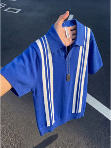 OUMULONG | Contrast Stripe Polo Shirt Men Summer Breathable Collar O-Henry Style