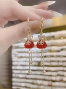 Lucky Money Bag Earrings Luxury Sensation Red Crystal Slimming Face Elegant Fashion Jewelry Womens Alloy Embedded Artificial Gem