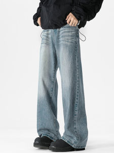 กางเกงยีนส์ทรงตรงผ้ายีนส์สีน้ำเงินสไตล์อเมริกันสำหรับผู้ชายและผู้หญิง กางเกงขายาวทรงหลวมสไตล์ย้อนยุค กางเกงขายาวทรงหลวมสำหรับคู่รัก