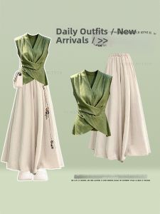 NUMEN BUTTON | Summer Gentle Style Set Sleeveless French Pleated Top Wide Leg Pants 2Pcs