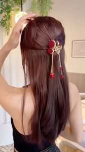 Red Rose Flower Hair Clips with Tassel Vintage Women Pearl Claws Headwear Back Head Hair Headdress