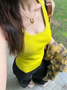 Blue Ice Silk U-Neck Small Vest Strap Women Summer Outerwear Knitted Sleeveless Beautiful Back Shirt Thin Commute Slim Fit