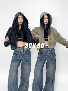 Sun90 American Retro มีฮู้ด Early ฤดูใบไม้ผลิ เสื้อสเว็ตเชิ้ต ผู้หญิง หลวม หวาน และสไตล์เผ็ดวินเทจหนาสั้น ซิป เสื้อแจ็คเก็ตสั้นแขนสั้น