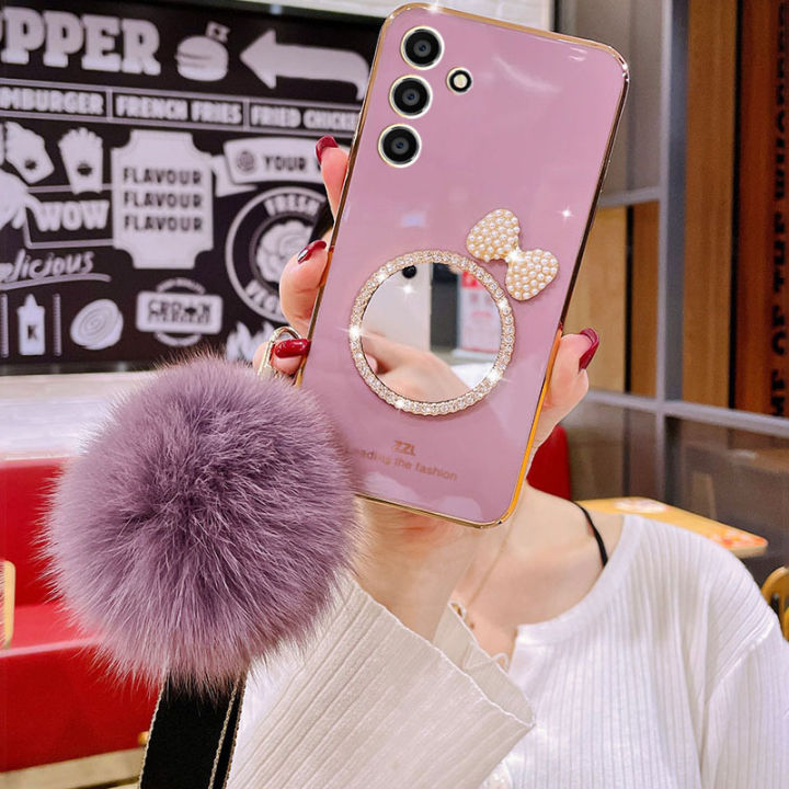 Pink Pom Pom Mirror Keychain Pom Pom Keychain Phone Case Phone