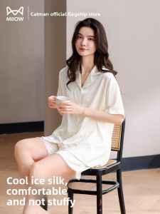 Miiow | Cat Woman Summer Ice Silk Sleepwear Short Sleeve Set 2025 New Style Ice Snow Silk Cool Feeling Can Wear Outdoor Plus Size Home Clothes
