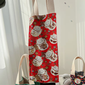 Japanese-Style Canvas Reticule Small Bag Lucky Cat Classy Cloth Bag Square Texture Water Cup Bag Hand Bag