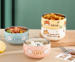 Stainless steel cartoon bowl. 316 stainless steel double-layer childrens bowl. Cute baby food rice bowl. Anti scald and anti drop dining utensils