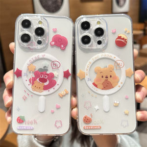 Magsafe Compatible Silicone Phone Case for Apple iPhone 15 pro Max New Model 17 pro 13 Cute Couple 12 Transparent Design 15 plus High End Feeling Winnie Bear Strawberry Bear Women