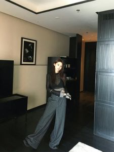 Semi-sheer Splicing Long Sleeve Knit Top High-waist Striped Wide-leg Pants